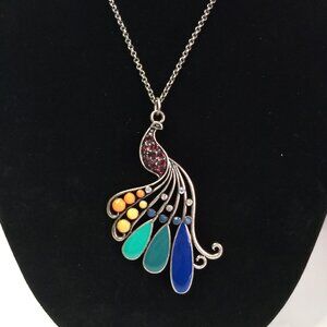 Peacock Bird Multicolor Stone Statement Pendant Silver Tone Necklace Rainbow